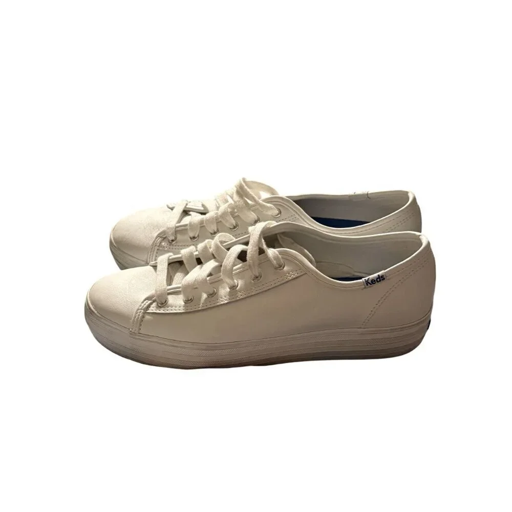 Keds Womens White Leather platform Lace-Up Sneakers Casual Style 8.5